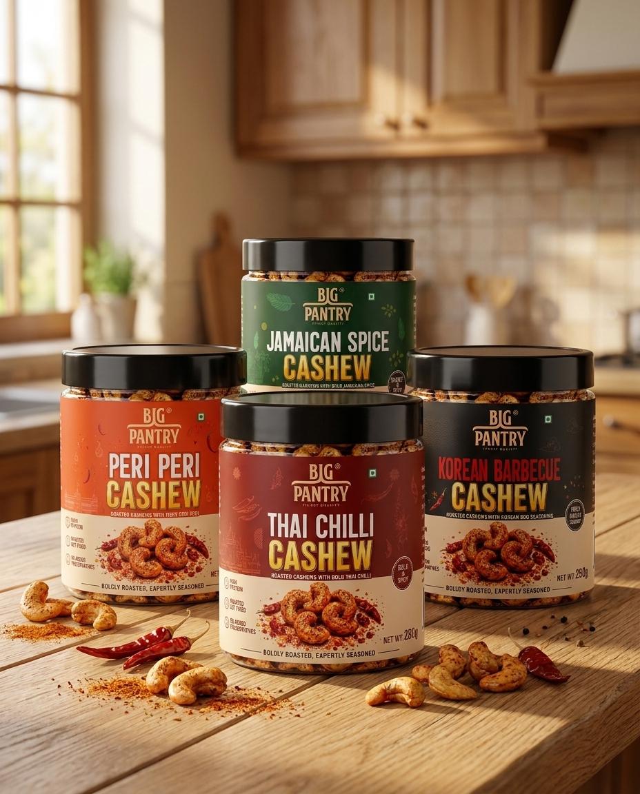 Flavoured Cashews – Roasted Premium Cashews, 4 Bold Flavours (250g Jar)