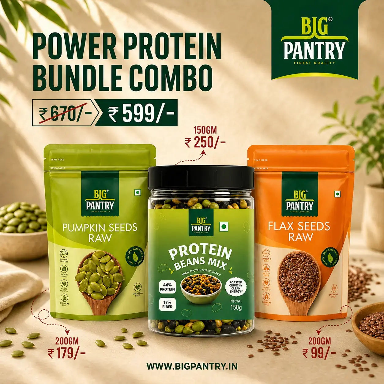 Daily Wellness Starter Pack – Pumpkin Seeds, Protein Beans Mix & Flax Seeds