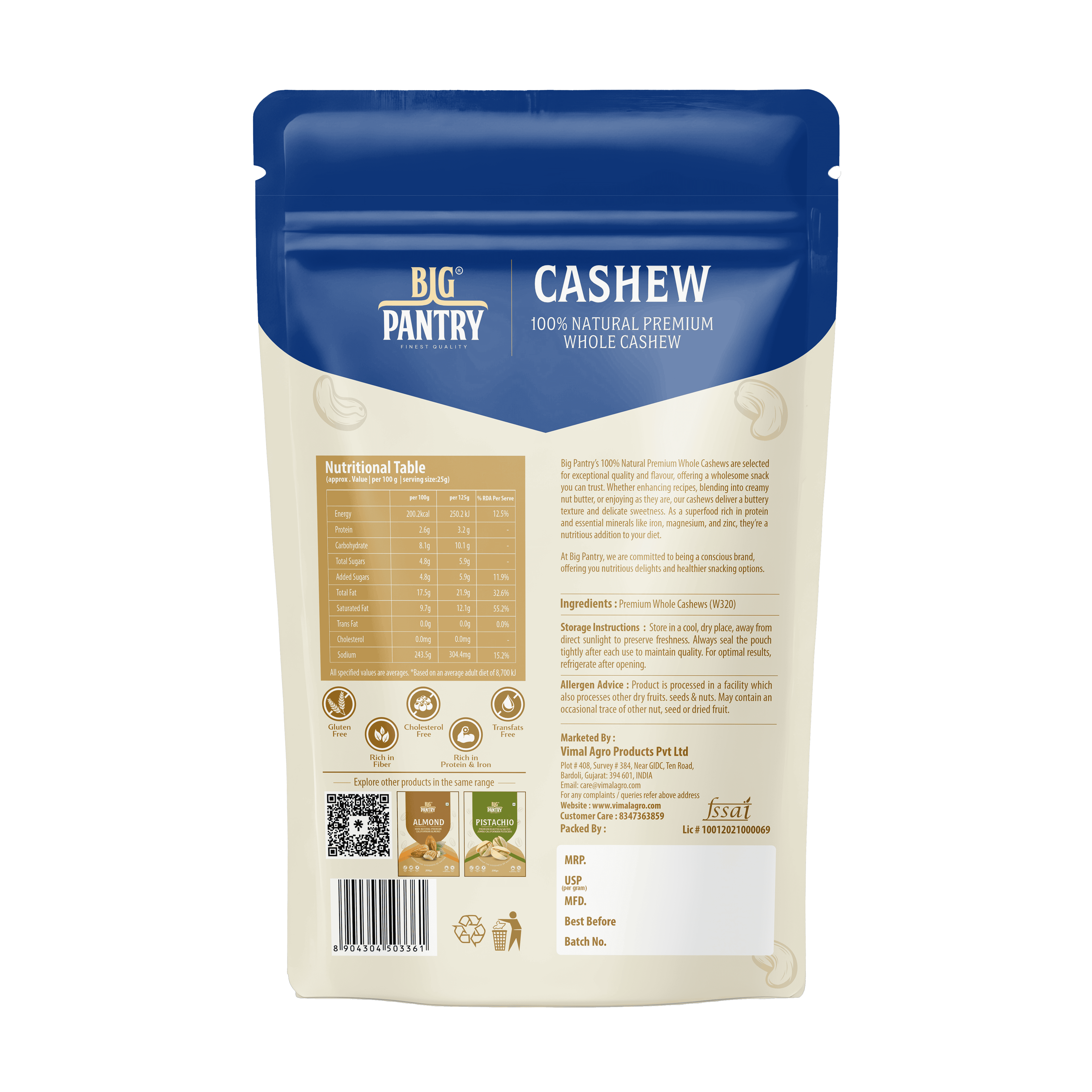 Whole Cashews – Premium W320 Grade Kaju (200g Pouch)