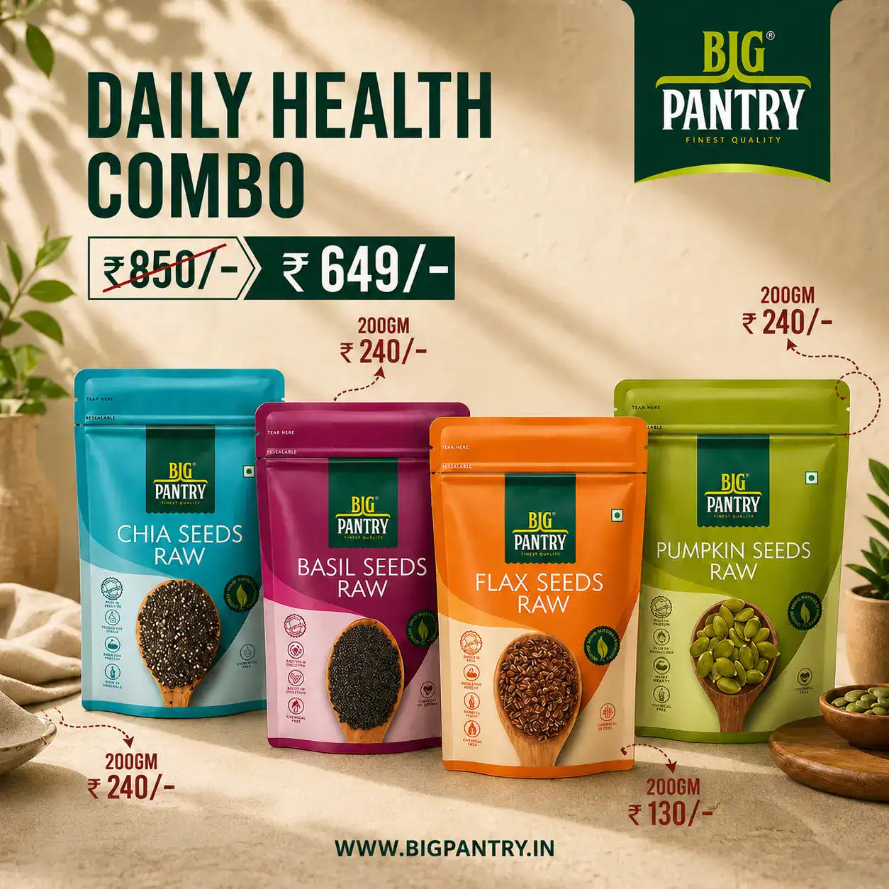 Seed Variety Pack – Chia, Basil, Flax & Pumpkin (4×200g, 800g)