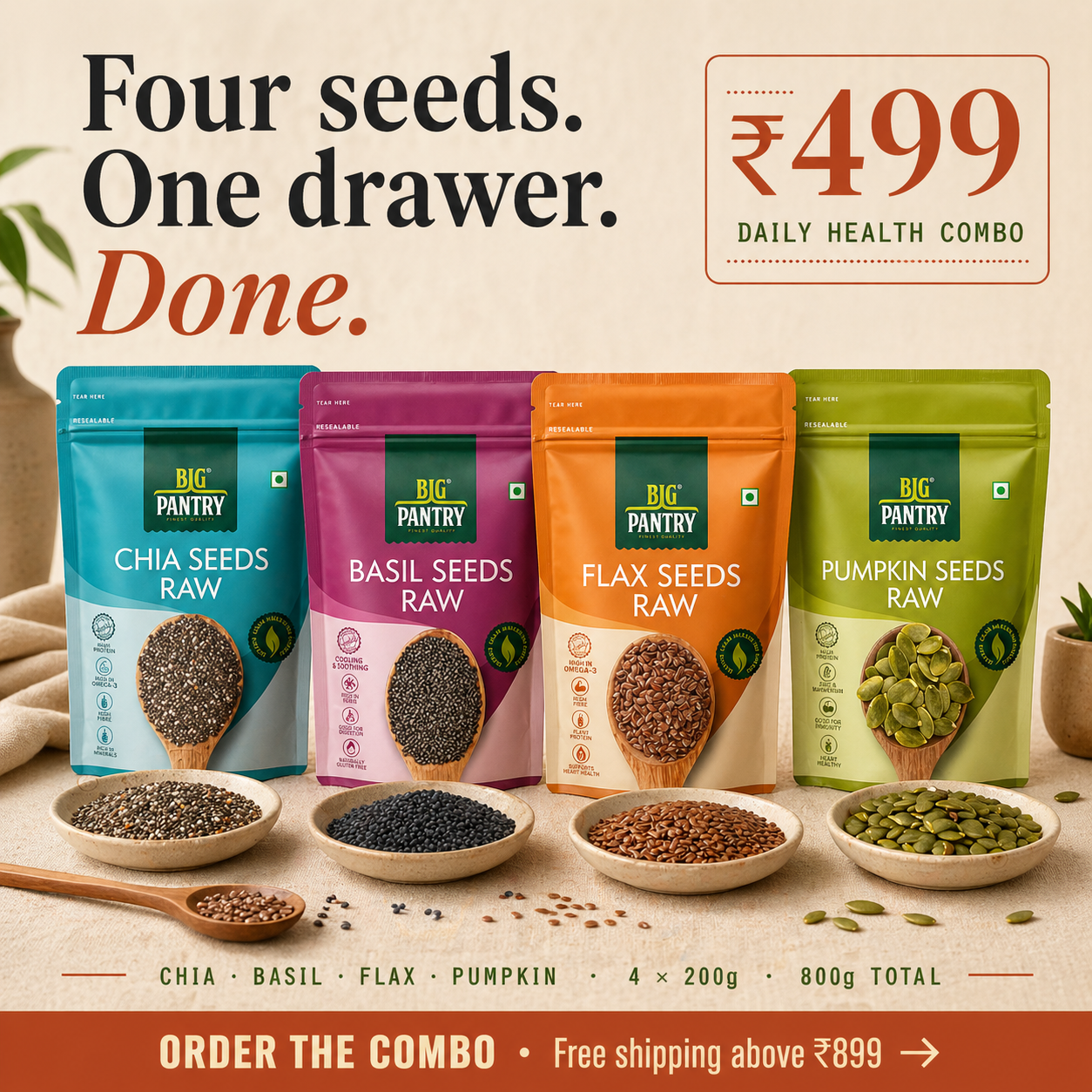 Seed Variety Pack – Chia, Basil, Flax & Pumpkin (4×200g, 800g)