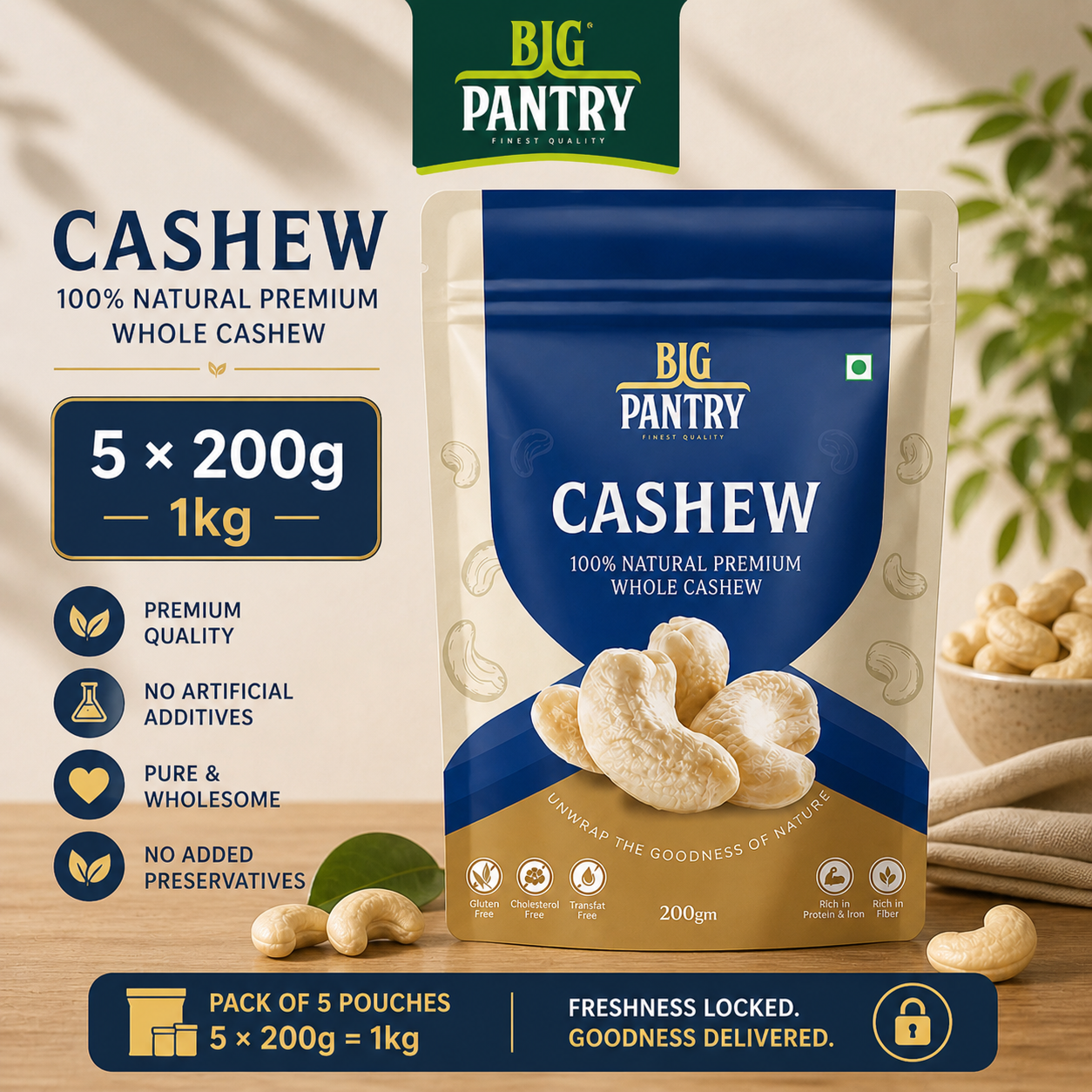 Whole Cashews – Stay-Fresh Multipack W320 Grade Kaju (5×200g, 1kg)