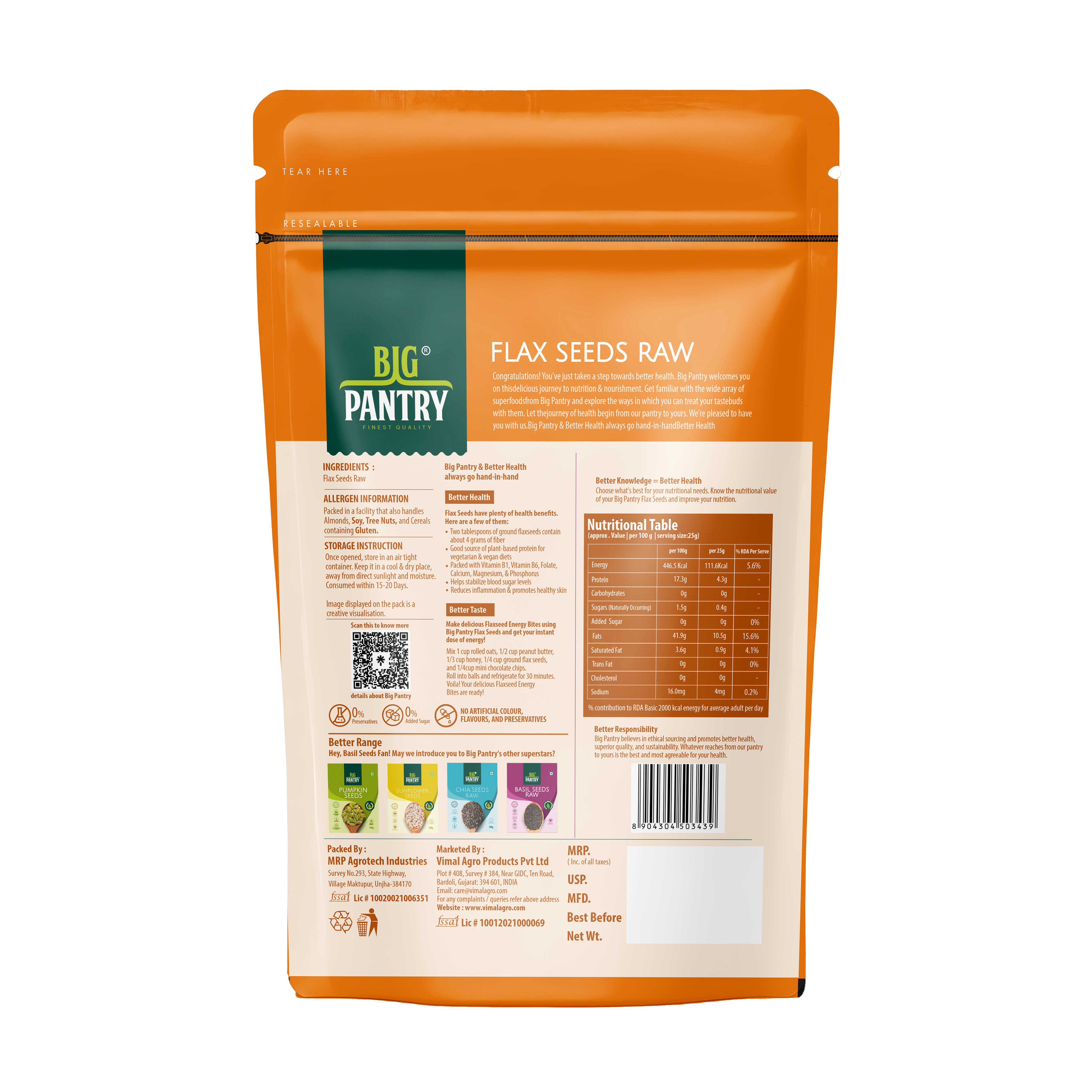 Big Pantry flax seeds 200g pouch back of pack with nutrition information