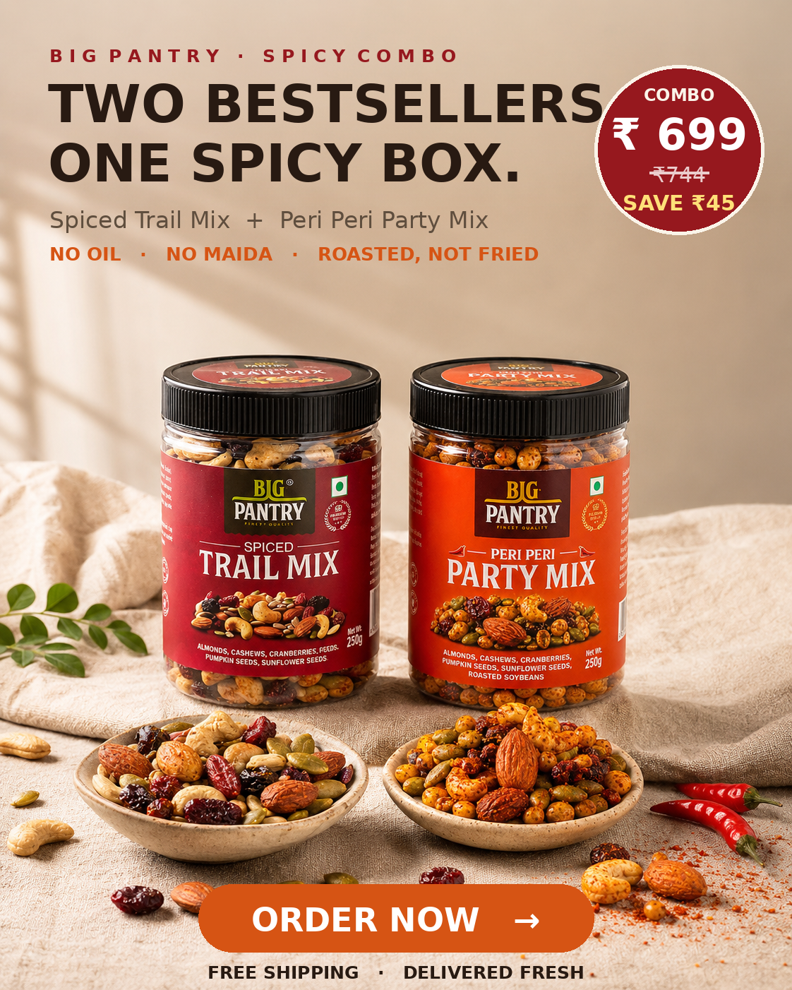 Peri Peri & Spiced Trail Mix Combo – Roasted Nuts, Seeds & Dry Fruits (2×250g)