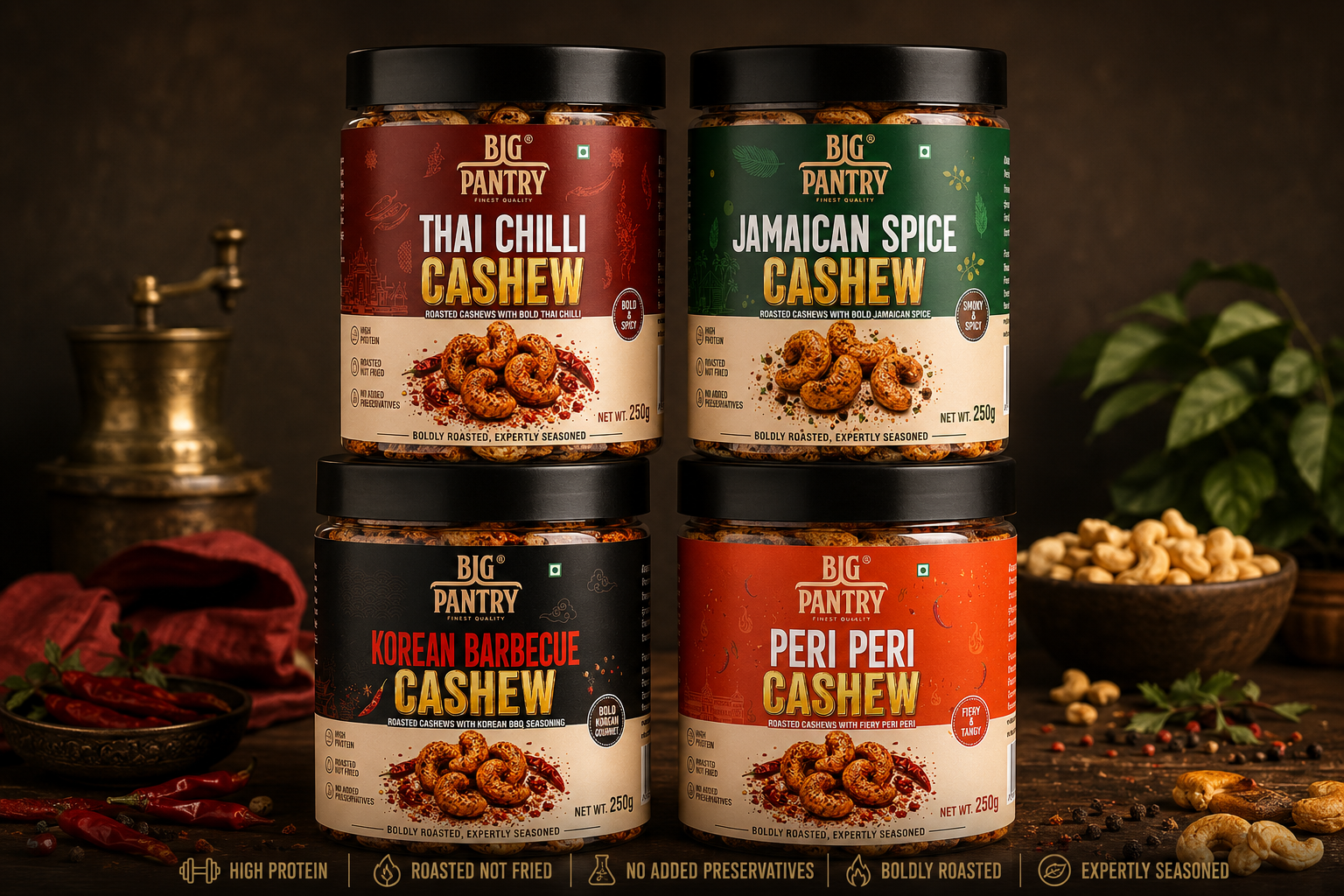 Flavoured Cashews – Roasted Premium Cashews, 4 Bold Flavours (250g Jar)