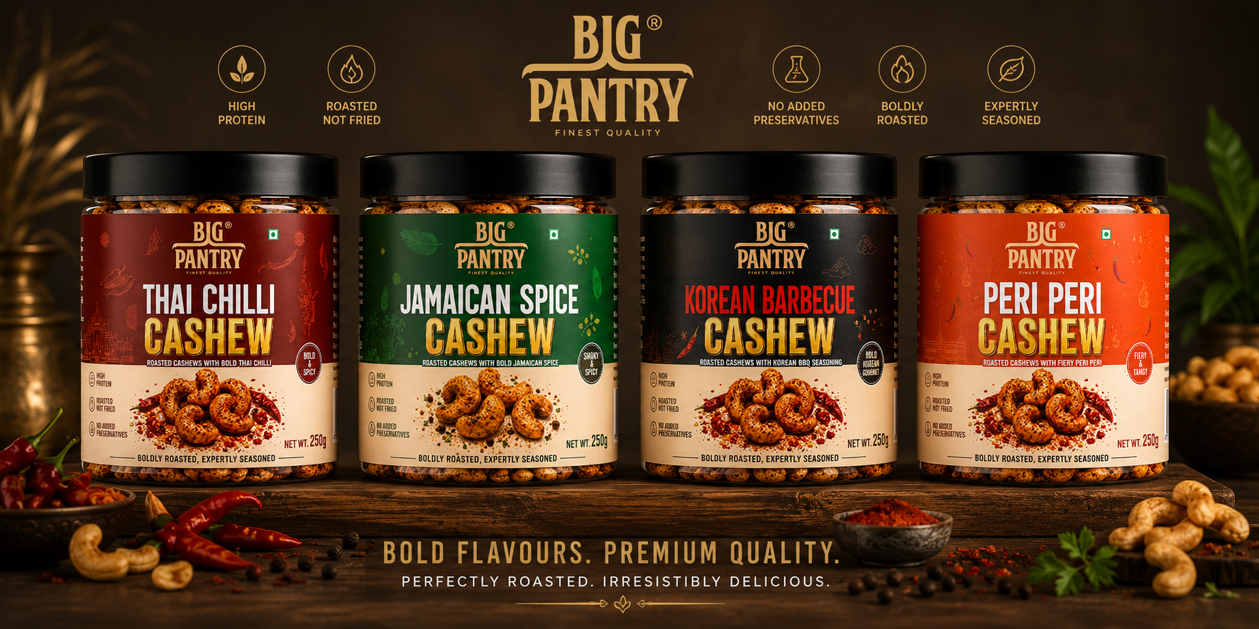 Flavoured Cashews – Roasted Premium Cashews, 4 Bold Flavours (250g Jar)