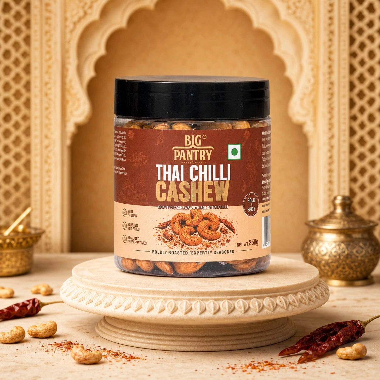 Close-up of Big Pantry roasted flavoured cashews inside reusable 250g jar