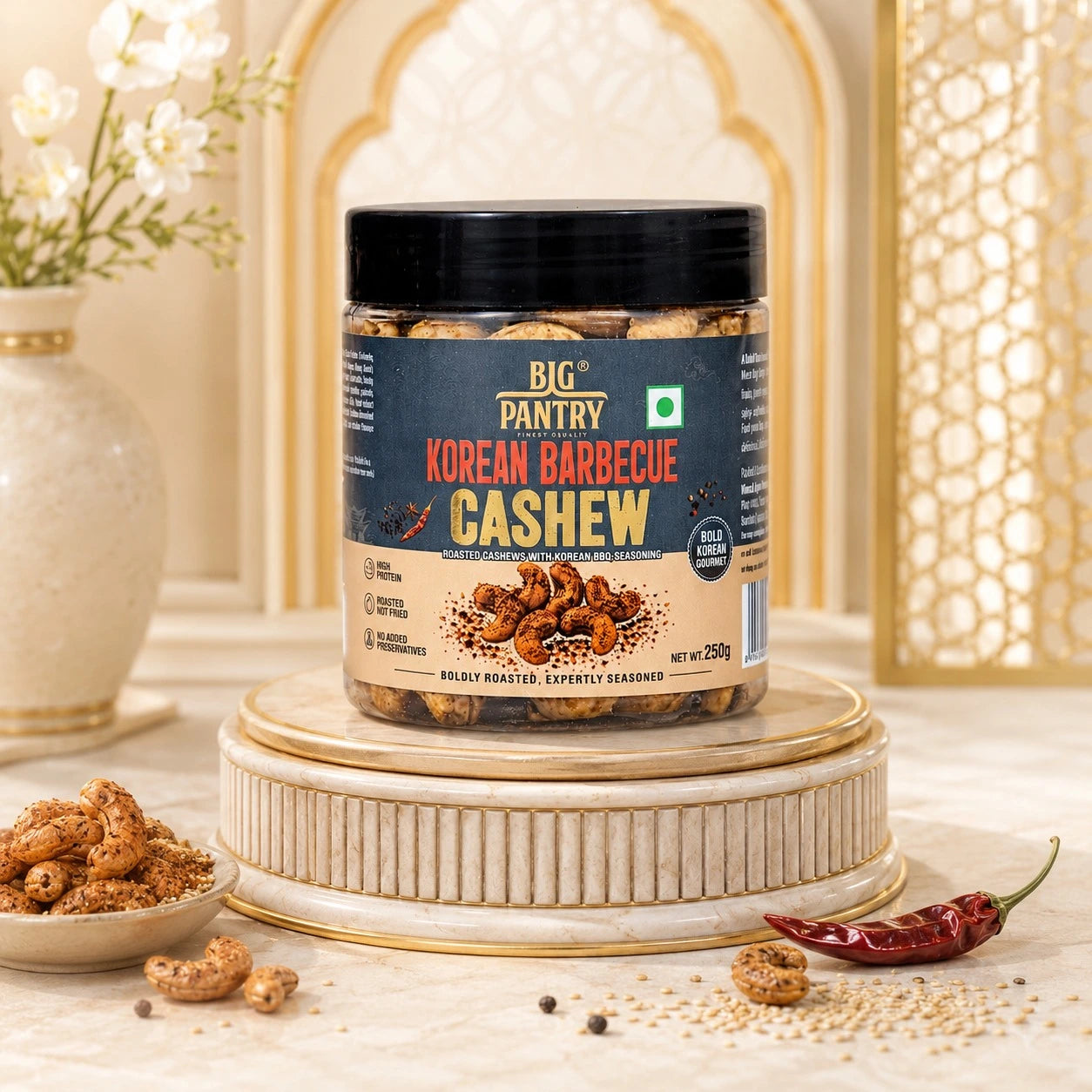 Big Pantry Flavoured Cashews jars lineup - Peri Peri, Thai Chilli, Jamaican Spice and Korean Barbecue