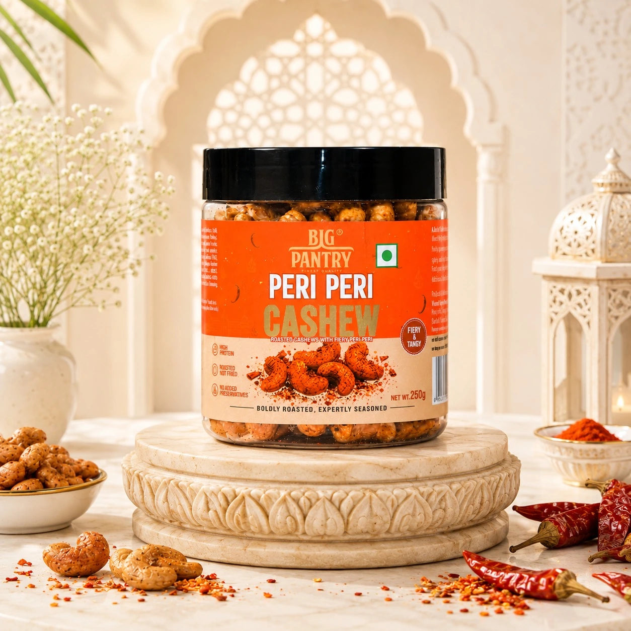 Big Pantry Flavoured Cashews jar held in hand, showing reusable airtight PET jar