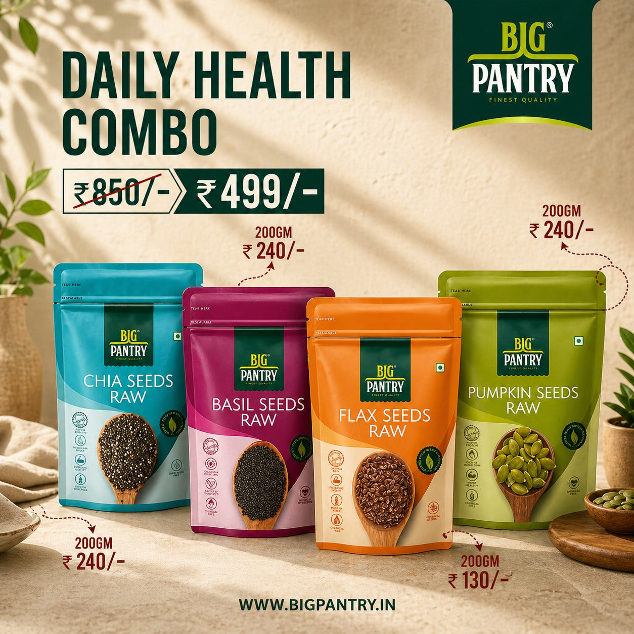 Seed Variety Pack – Chia, Basil, Flax & Pumpkin (4×200g, 800g)