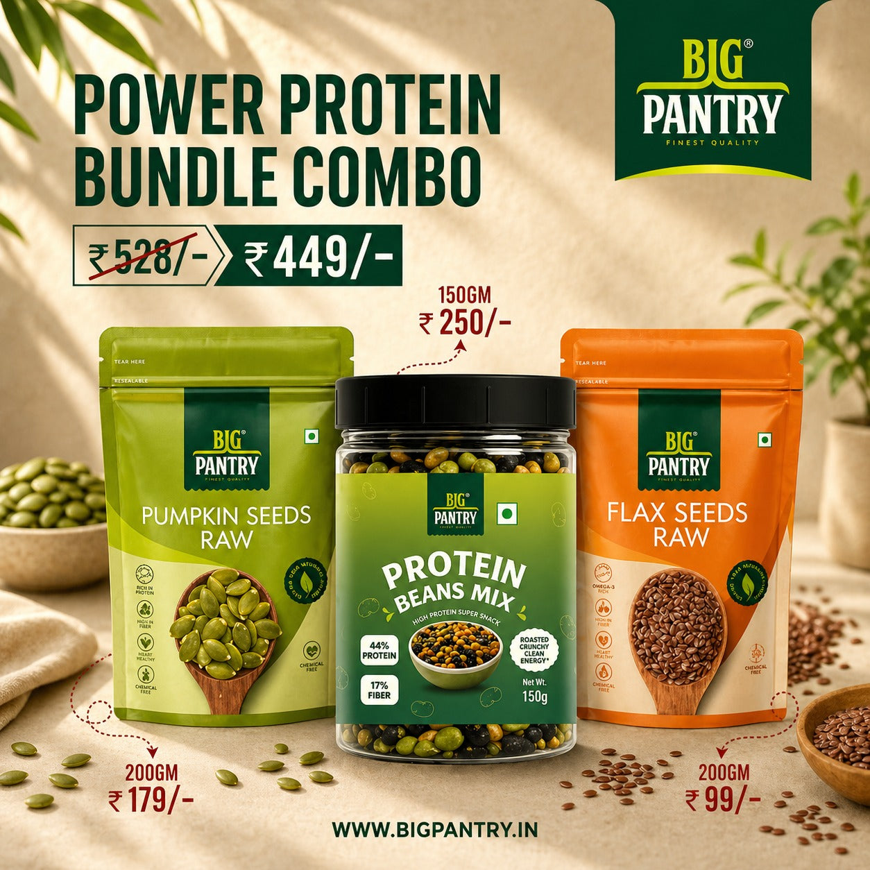 Daily Wellness Starter Pack – Pumpkin Seeds, Protein Beans Mix & Flax Seeds