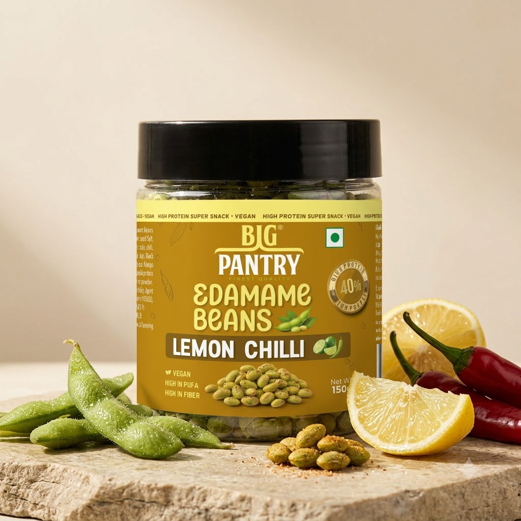 Big Pantry Flavoured Edamame Lemon Chilli 150g jar with lemons and chillies