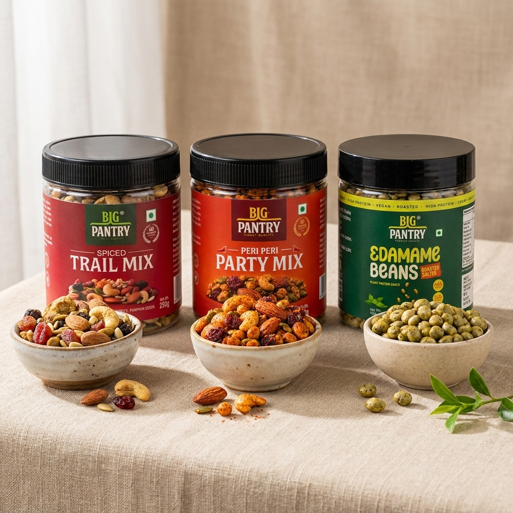 Big Pantry Signature Snacks trio – Spiced Trail Mix, Peri Peri Party Mix and Roasted Edamame jars