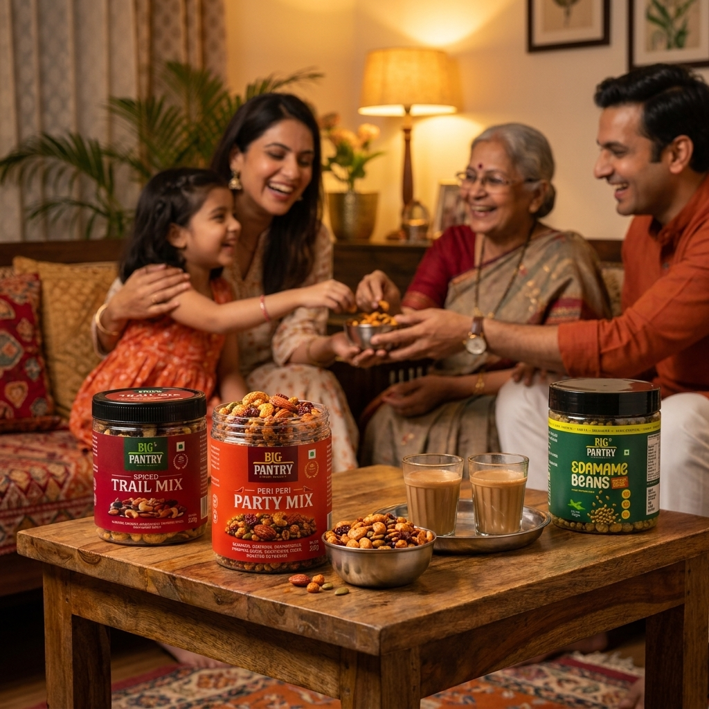 Signature Snacks trio on the family table with chai