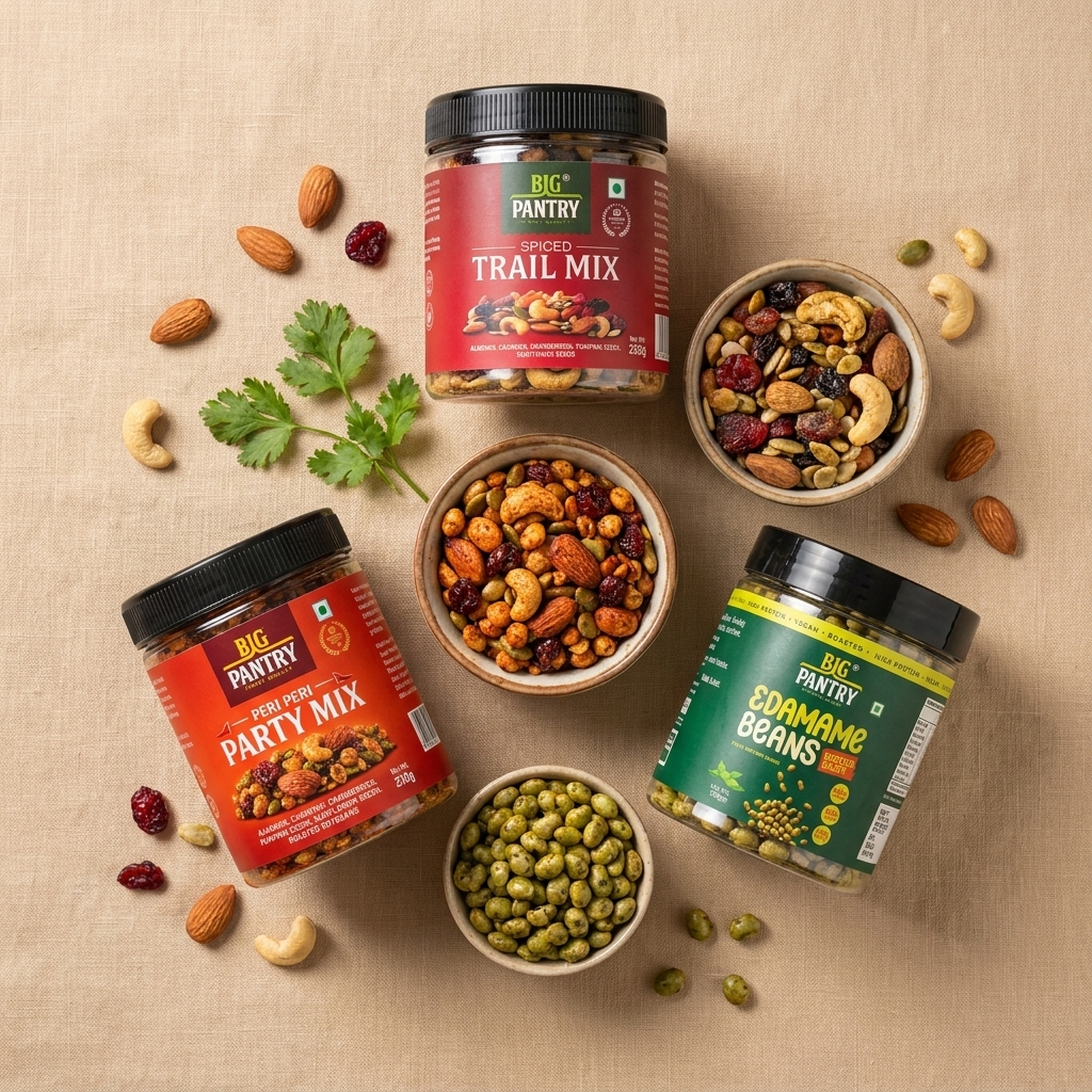 Signature Snacks flat-lay – three jars with trail mix, peri peri and edamame bowls