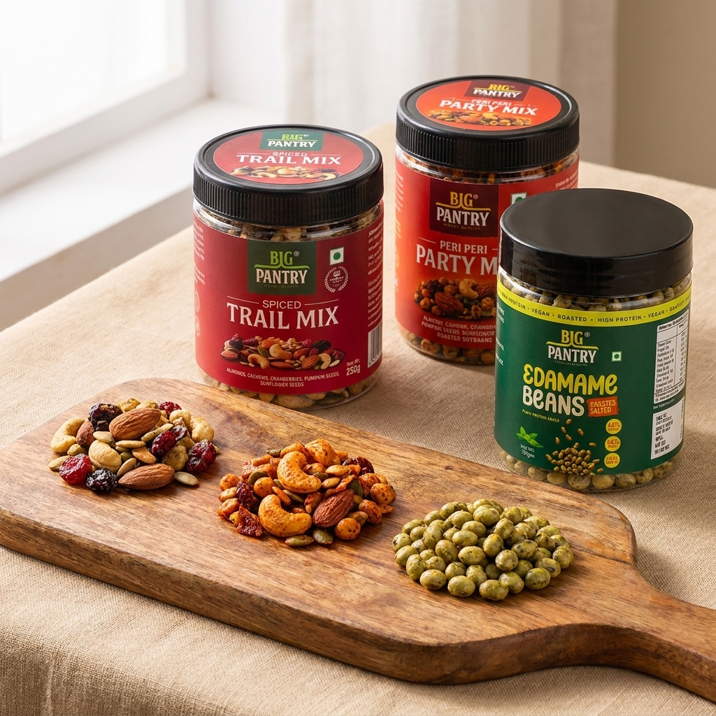 Signature Snacks close-up – trail mix, peri peri mix and edamame on wooden board
