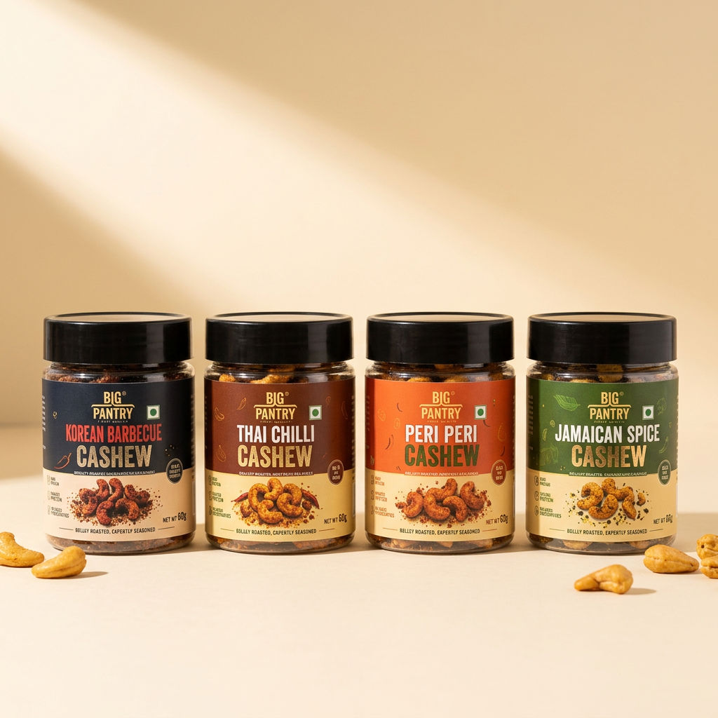Big Pantry Flavoured Cashews all 4 flavours – Korean Barbecue, Thai Chilli, Peri Peri, Jamaican Spice 60g jars