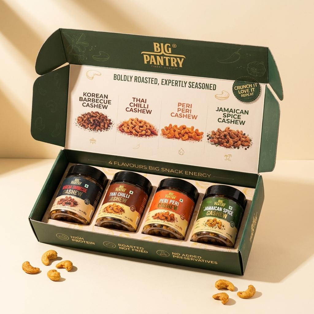 Big Pantry Cashew Discovery Box open gift box with all 4 flavour 60g mini jars