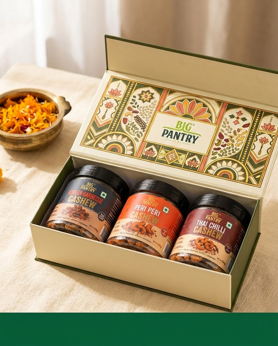 Big Pantry Cashew Gift Box - Korean BBQ, Peri Peri and Thai Chilli cashew jars in keepsake box
