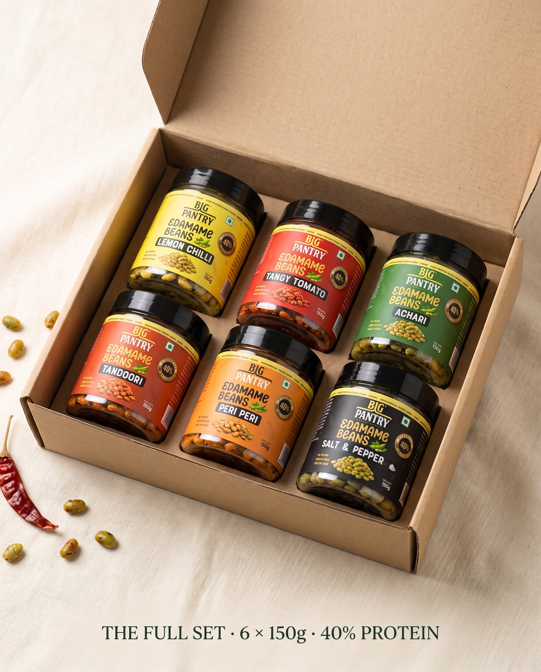 Big Pantry All 6 Flavours Edamame Box — six 150g jars in a kraft gift box